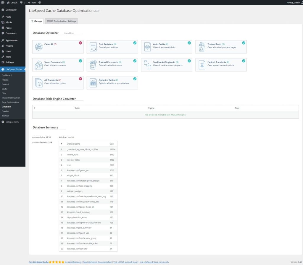 litespeed cache database page manage tab