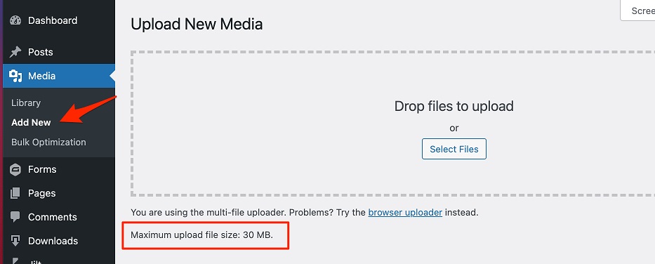 wordpress upload file size limit