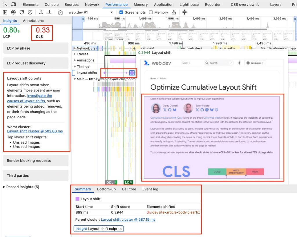 در Chrome DevTools می‌توان مجموعه جابه‌جایی‌ها، امتیاز CLS و عناصر تحت تأثیر را بررسی کرد