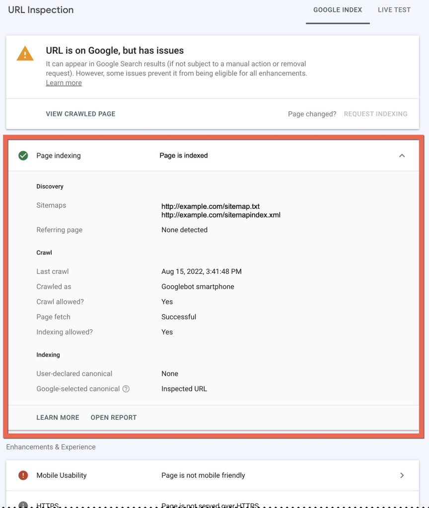 نمونه واقعی گزارش URL Inspection