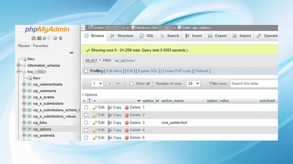نمونه‌ای از محیط phpMyAdmin برای بررسی جدول‌های دیتابیس